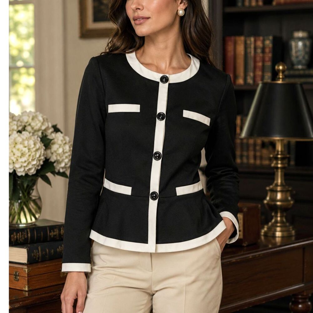 Valerie Bertinelli Black White Peplum Lady Jacket Heritage Prep Blazer Academia